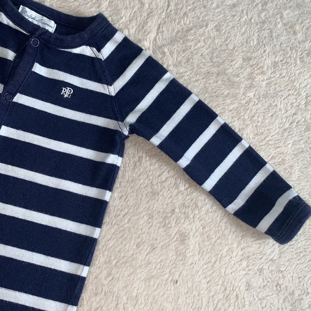 Ralph Lauren 6M Navy Blue & White Stripe Romper EUC Coverall
